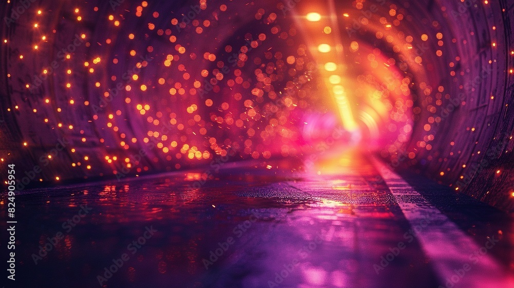  A tunnel lit by numerous bright lights adjacent to a slick road with water-filled puddles