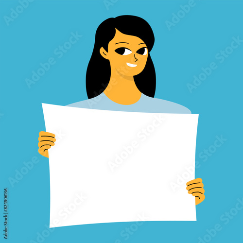 Young woman holding blank placard, poster, mockup. Pretty girl swowing empty presentation. Isolated illustration.