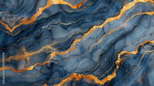  A detailed view of a blue and gold marble, featuring gold veins on both sides