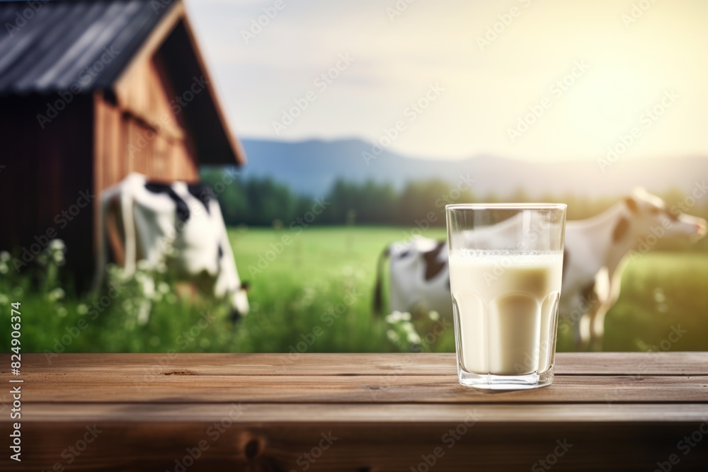 Fresh cow milk in glass on wooden tabletop and blurred landscape with cow on meadow. Healthy eating. Space for design. International Milk Day. Fresh cow milk in glass on wooden tabletop and blurred landscape with cow on meadow. Healthy eating. Space for design. International Milk Day.