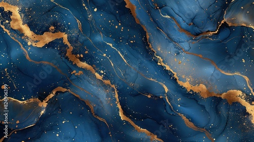   A macro of a blue and gold marble with gold streaks along the polished sides photo