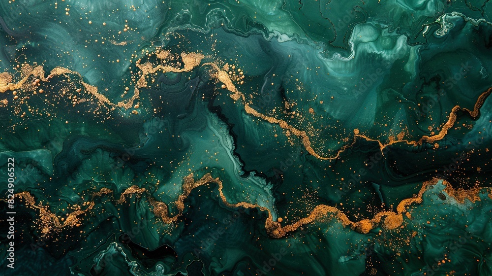 A close-up of a green and gold painting with golden sprinkles on its surface A close-up of a green and gold painting with golden sprinkles on its surface