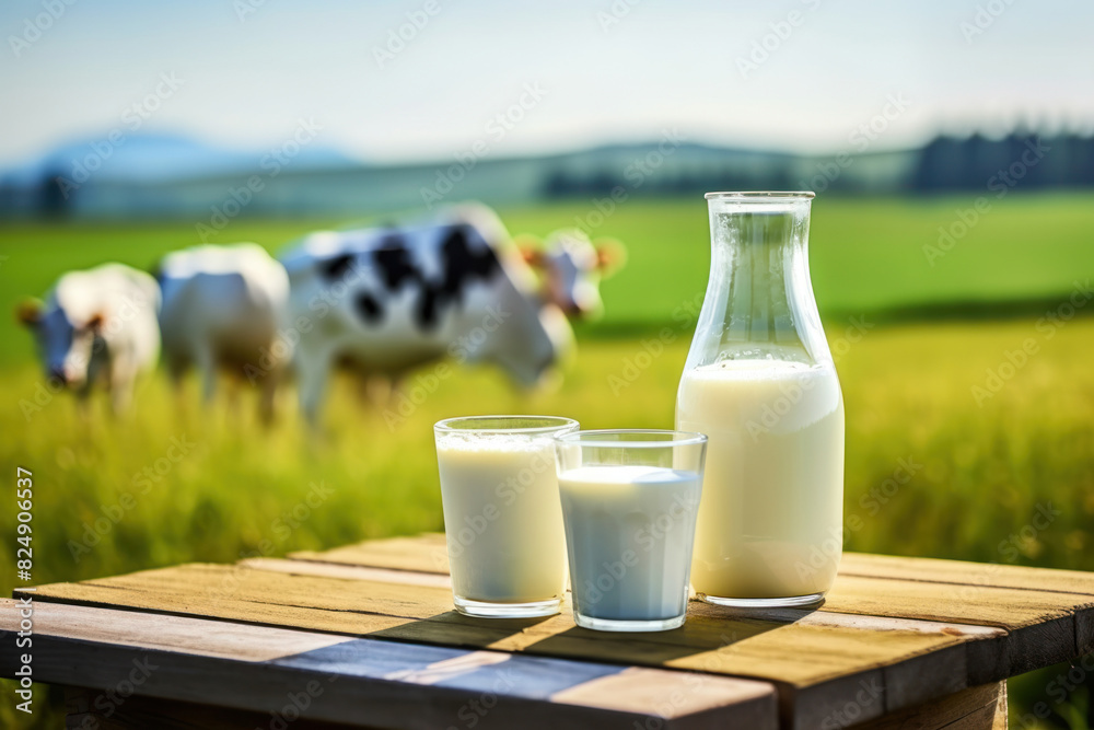 Fresh organic milk in glass bottle on wooden table and blurred summer landscape. Space for design. International Milk Day. Fresh organic milk in glass bottle on wooden table and blurred summer landscape. Space for design. International Milk Day.