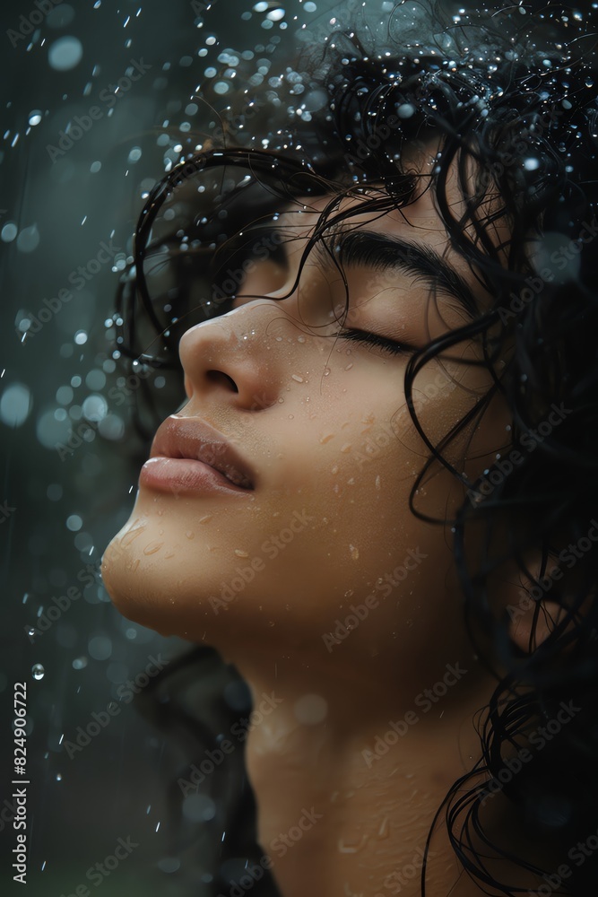 Person standing in the rain with eyes closed, embracing the moment and feeling alive, moody background, copy space Person standing in the rain with eyes closed, embracing the moment and feeling alive, moody background, copy space