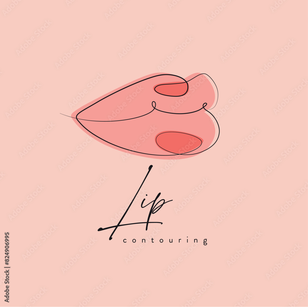 Lips with contouring drawing in linear style on peach background
