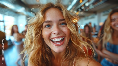 A blond woman with a beaming smile captures a moment with friends, expressing joy and camaraderie