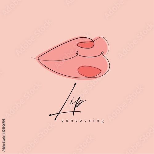 Obraz na płótnie Lips with contouring drawing in linear style on peach background w salonie