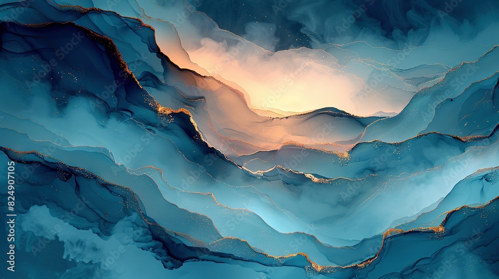 Blue-and-gold swirls painting with white cloud in center, yellow light illuminating Blue-and-gold swirls painting with white cloud in center, yellow light illuminating