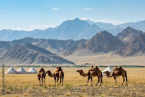 picturesque rural landscape of central asia with camels and tents travel photography