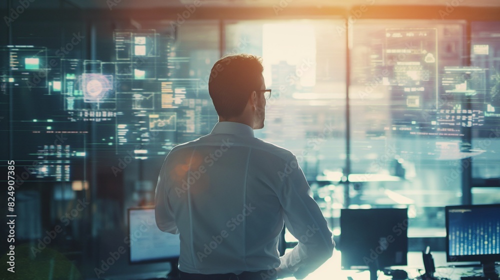 A businessman in a highly automated office setting with soft shadows, natural light, copy space, and a blurred background using smart technology A businessman in a highly automated office setting with soft shadows, natural light, copy space, and a blurred background using smart technology
