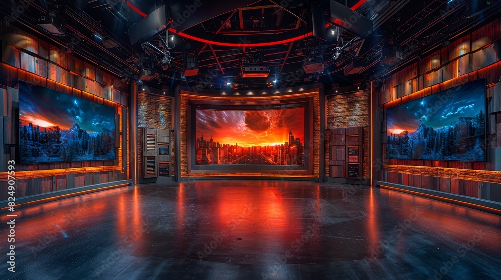 Expansive broadcast studio featuring winter-themed cityscape images on screens, with a large central display