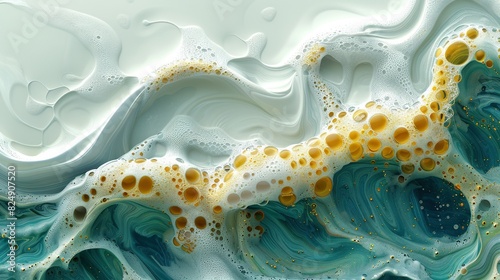   Close-up of a liquid painting with yellow and blue swirls at the base, and yellow dots scattered below photo