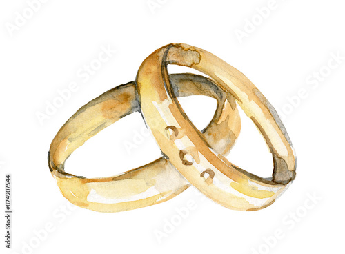 Wedding accessories made of gold, wedding decorations in sketch style. Rings of the bride and groom, icon, isolated. Wedding rings painted in watercolor on a white background.