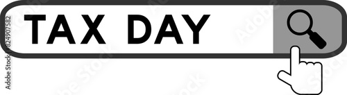 Search banner in word tax day with hand over magnifier icon on white background