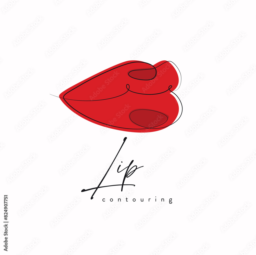 Lips with contouring drawing in linear style with red on white background