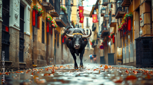 Lone Bull Charging Down Narrow Cobblestone Street in Pamplona photo