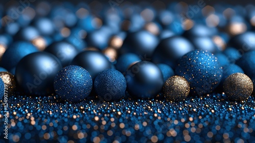  A collection of blue and golden decorations resting on a glistening blue-and-gold background, set against a dark backdrop