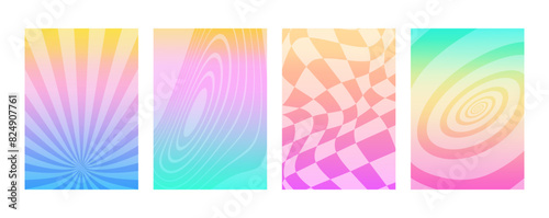 Y2K backgrounds psychedelic collection. 2000s style gradient cover templates with distorted elements set.