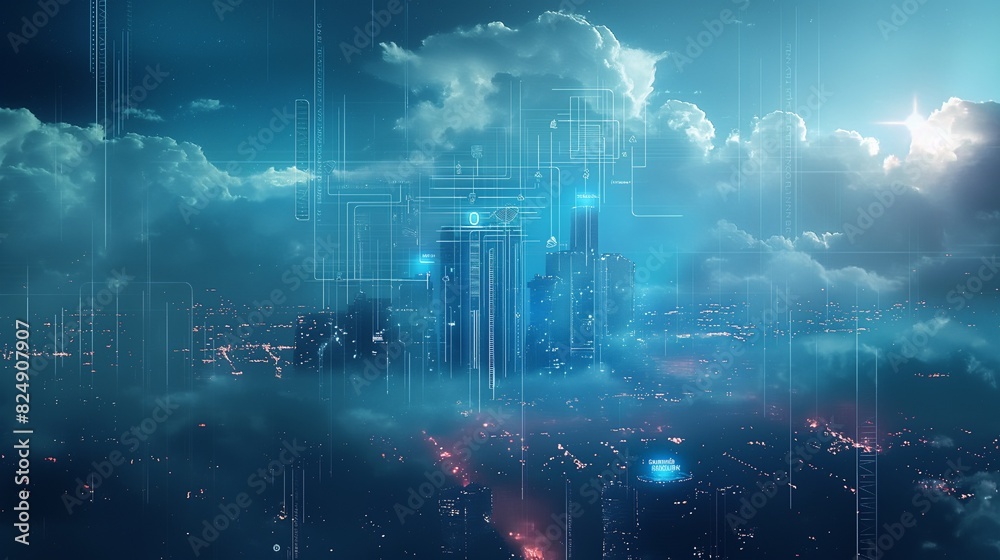 a futuristic city plan with cloudy, dark sky-blue background, digital connections, and floating holographic data elements displaying city metrics.