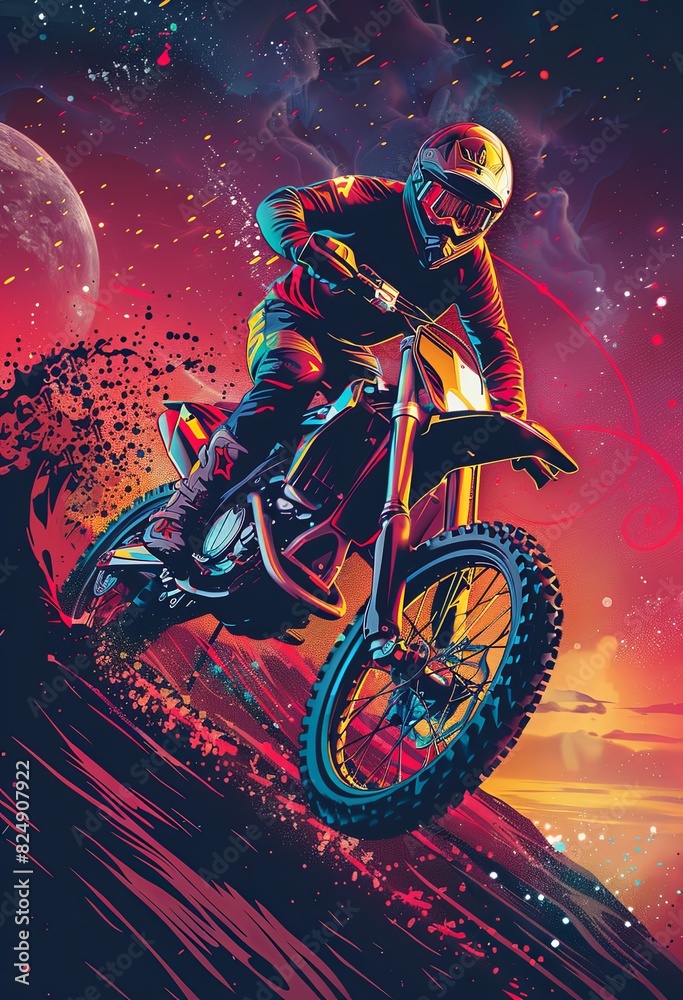 Vibrant illustration. Motocross rider in full gear, tearing down steep in motion against cosmic background. Vibrant illustration. Motocross rider in full gear, tearing down steep in motion against cosmic background.