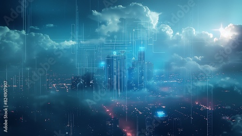 a futuristic city plan with cloudy  dark sky-blue background  digital connections  and floating holographic data elements displaying city metrics.