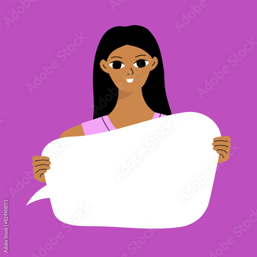 Pretty brunette swowing empty presentation. Young black woman holding blank placard, poster, paper. Simple flat style.