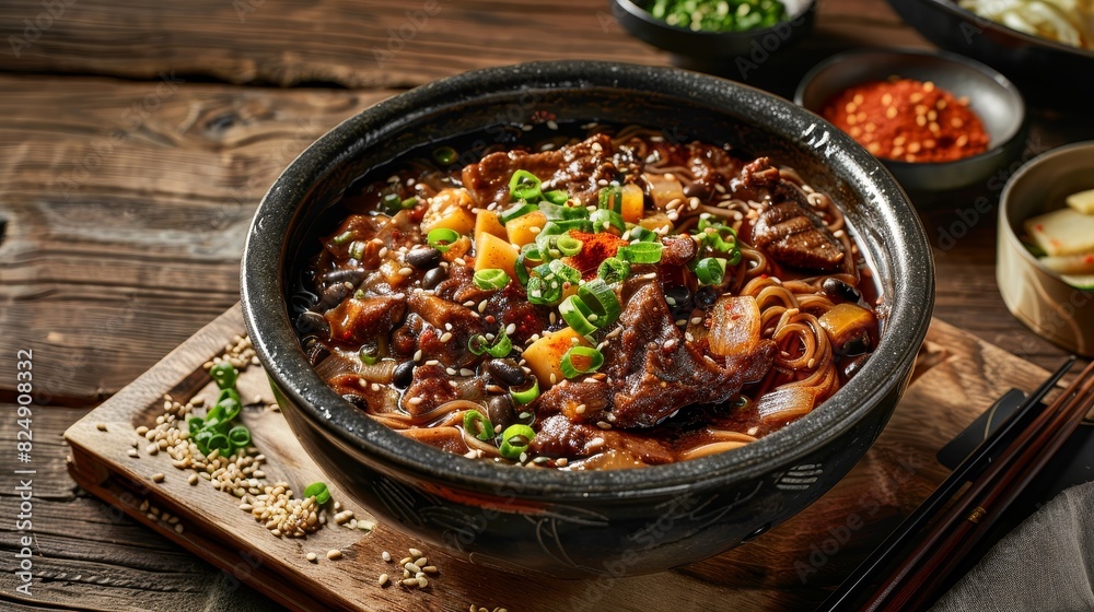 A bowl of Korean jjajangmyeon with black bean sauce, pork, and vegetables in a cozy Korean diner A bowl of Korean jjajangmyeon with black bean sauce, pork, and vegetables in a cozy Korean diner