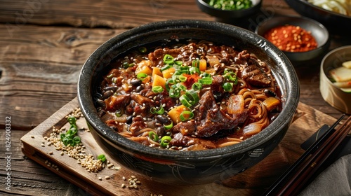 A bowl of Korean jjajangmyeon with black bean sauce, pork, and vegetables in a cozy Korean diner