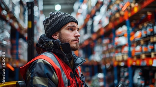 Reflective-vested worker driving a forklift in a well-stocked hardware store aisle