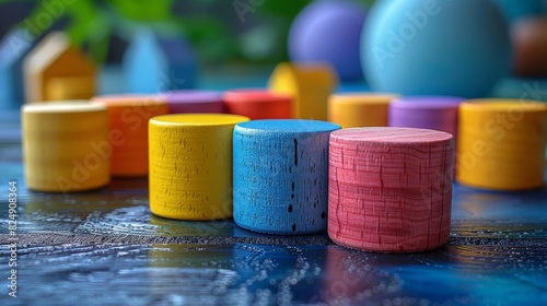 Close-up of vibrant cylindrical wooden blocks arranged on a textured blue surface, with balloons in the background photo