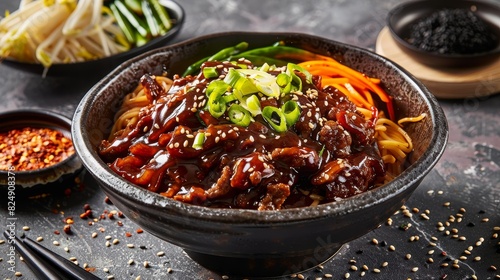 A bowl of Korean jjajangmyeon with black bean sauce, pork, and vegetables in a cozy Korean diner photo