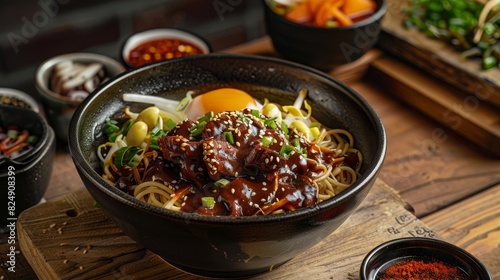 A bowl of Korean jjajangmyeon with black bean sauce, pork, and vegetables in a cozy Korean diner photo
