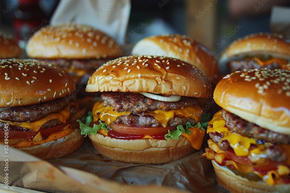A group of delicious cheeseburgers sit on a table, ready to be eaten. A group of delicious cheeseburgers sit on a table, ready to be eaten.