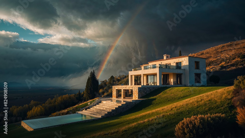 A house stands with a vibrant rainbow in the sky as the backdrop photo
