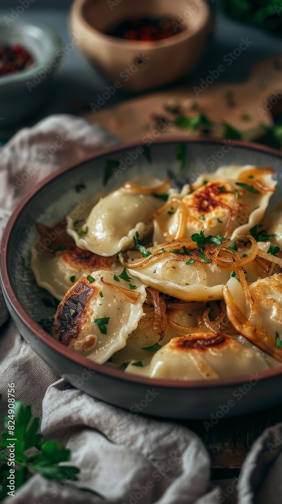 A bowl of Polish pierogi, stuffed with cheese and potatoes, topped with caramelized onions, intimate kitchen setting, evening homey feel A bowl of Polish pierogi, stuffed with cheese and potatoes, topped with caramelized onions, intimate kitchen setting, evening homey feel
