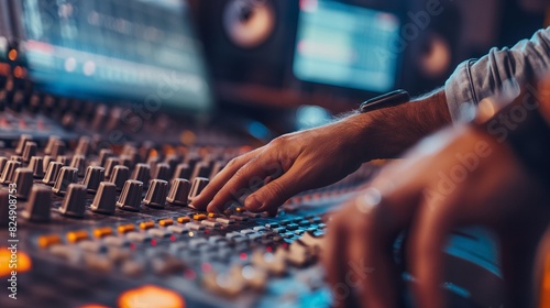 recording studio scene where a music producer from a diverse background mixes tracks. Focus on the mixing console and the producer’s hands, with the artist in the booth blurred photo