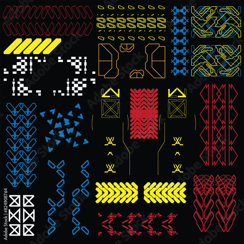 cyberpunk scifi gaming futuristic icon pattern HUD ux ui set collection template, 2d illustration rendering vector element