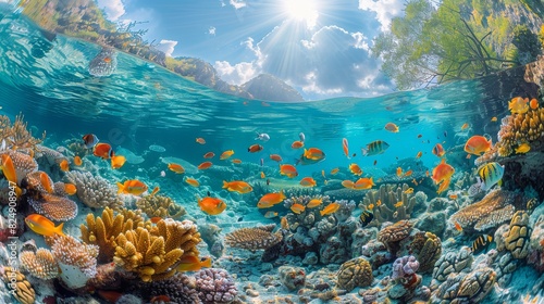 Stunning underwater scenery with vibrant coral reef and a school of fish illuminated by sunlight piercing through water © familymedia