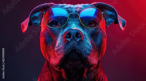   A close-up image of a dog in sunglasses, with reflected red and blue light on its face photo