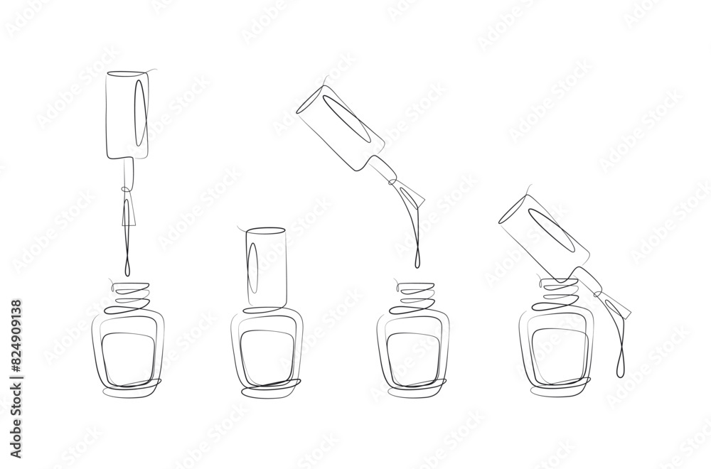 Nails polish bottles and brushes drawing in linear style on beige background