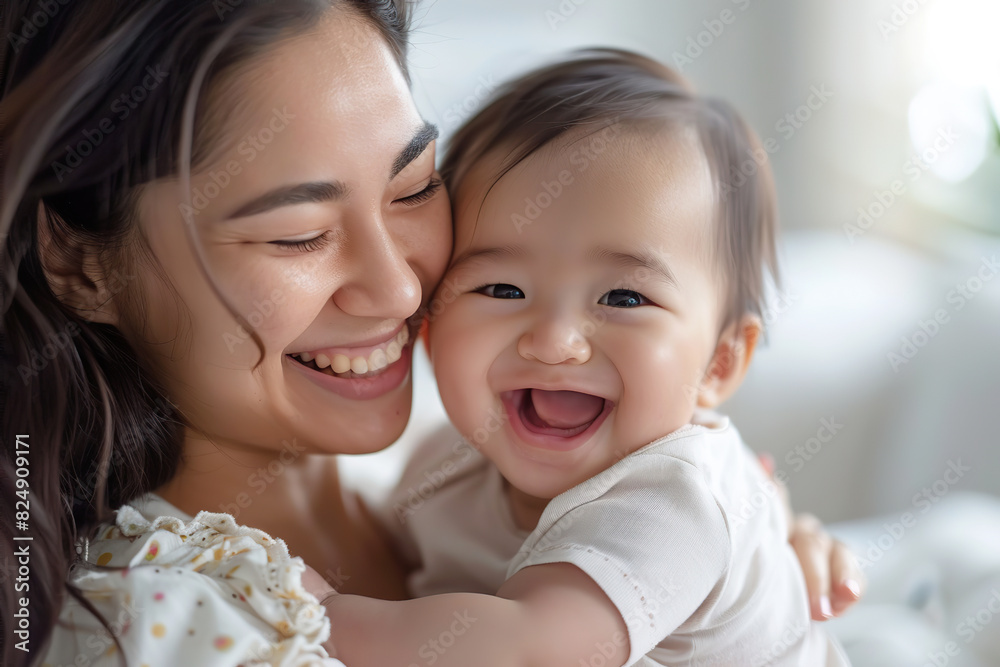 Loving mother hugs a little baby at home. Pretty woman holding cuddling newborn child in her arms, laughing with him. Happy family smiling together. Asian mom carrying kissing small infant on hands. Loving mother hugs a little baby at home. Pretty woman holding cuddling newborn child in her arms, laughing with him. Happy family smiling together. Asian mom carrying kissing small infant on hands.