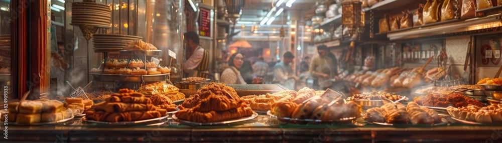 Fototapeta premium A bustling Egyptian bakery with an assortment of basbousa and baklava, with a lively market scene visible through the window