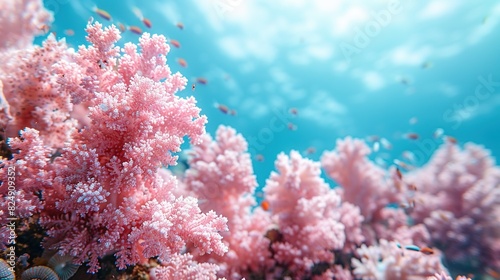  A close-up of a vibrant coral reef teeming with numerous tiny corals, set against a serene blue sky