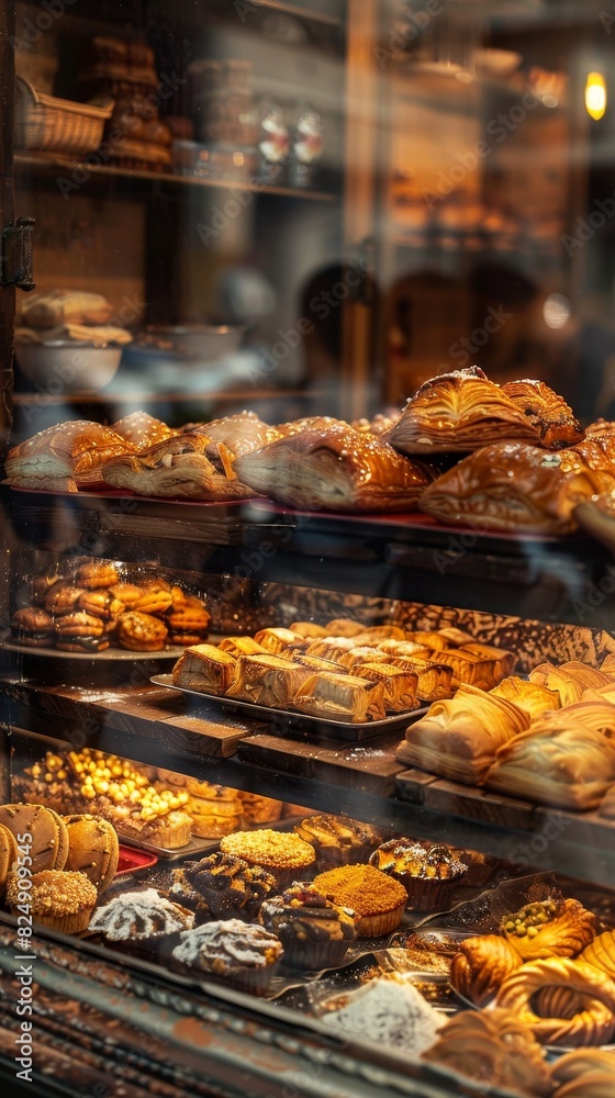 A bustling Lebanese bakery with a variety of baklava and maamoul, with a vibrant market scene visible through the window