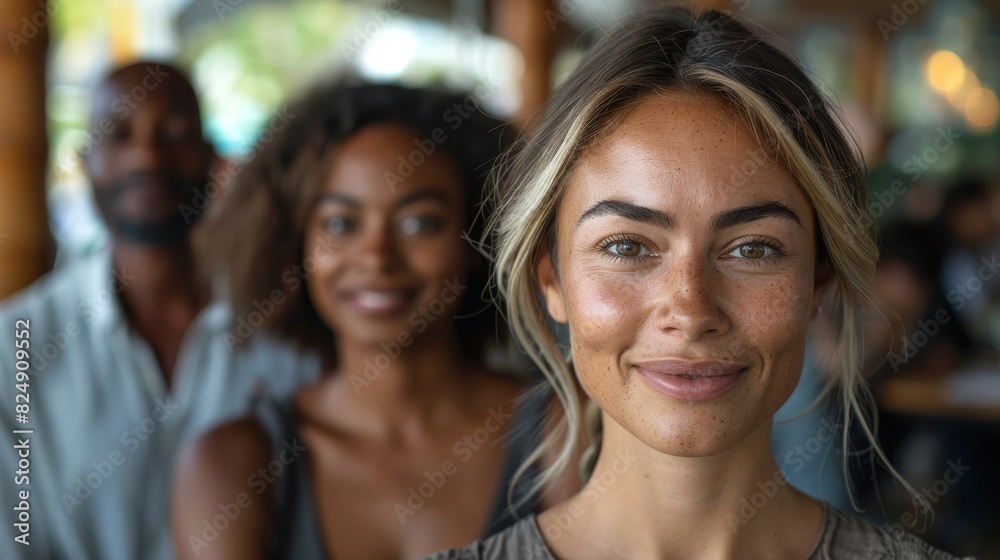 A smiling woman with sun-kissed freckles is the focal point, with her diverse group of friends softly blurred behind her