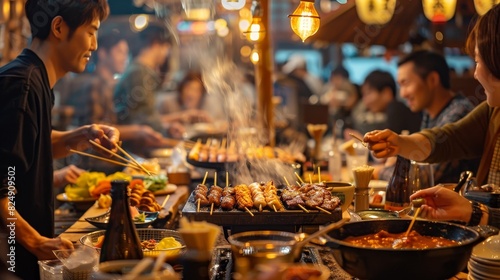 A bustling Japanese izakaya scene with a variety of skewered yakitori, with patrons enjoying food and drinks in a lively atmosphere photo