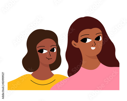 Couple of smiling black girls. Two friends, relatives or students are photographed. Isolated flat cartoon vector .