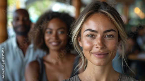 A smiling woman with sun-kissed freckles is the focal point, with her diverse group of friends softly blurred behind her