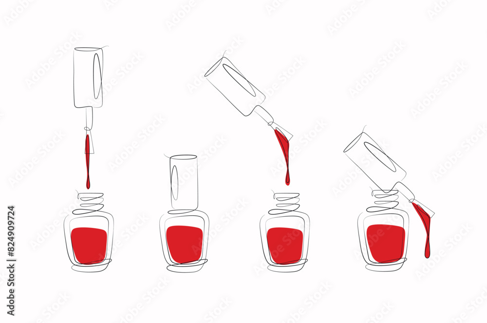 Nails polish bottles and brushes drawing with red color in linear style on white background