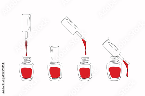 Nails polish bottles and brushes drawing with red color in linear style on white background